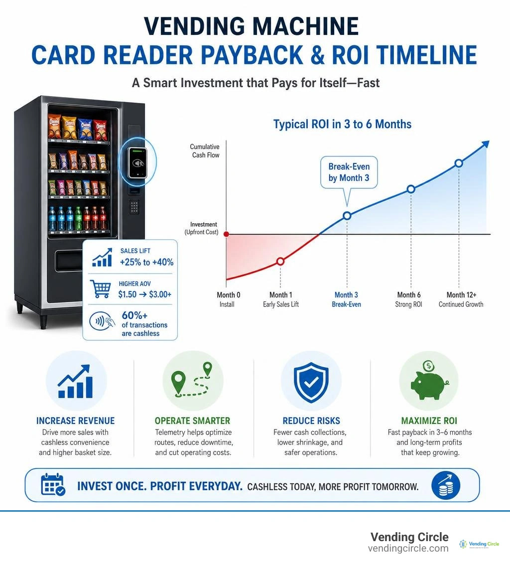 Vending machine card reader payback and ROI timeline infographic Vending machine card reader payback and ROI timeline infographic