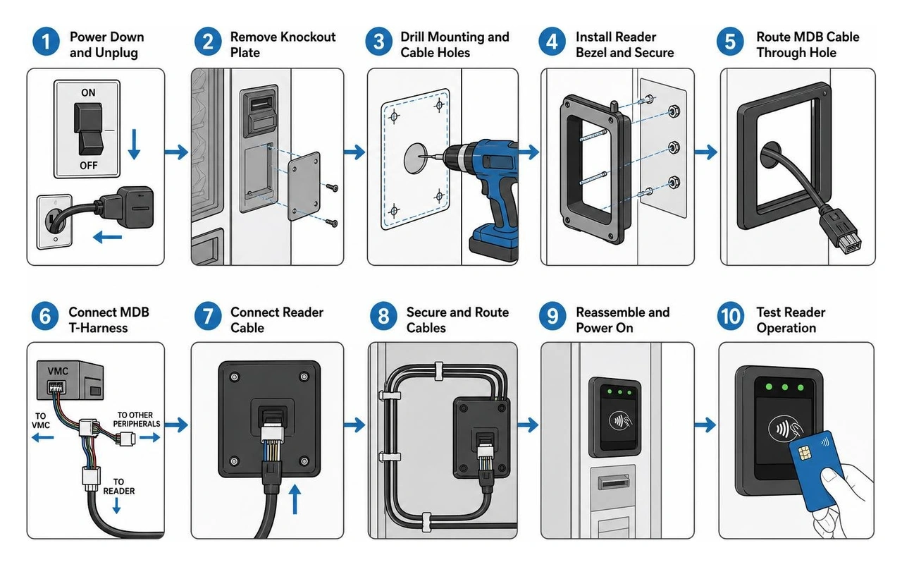 Step-by-step physical installation sequence for vending card reader Step-by-step physical installation sequence for vending card reader
