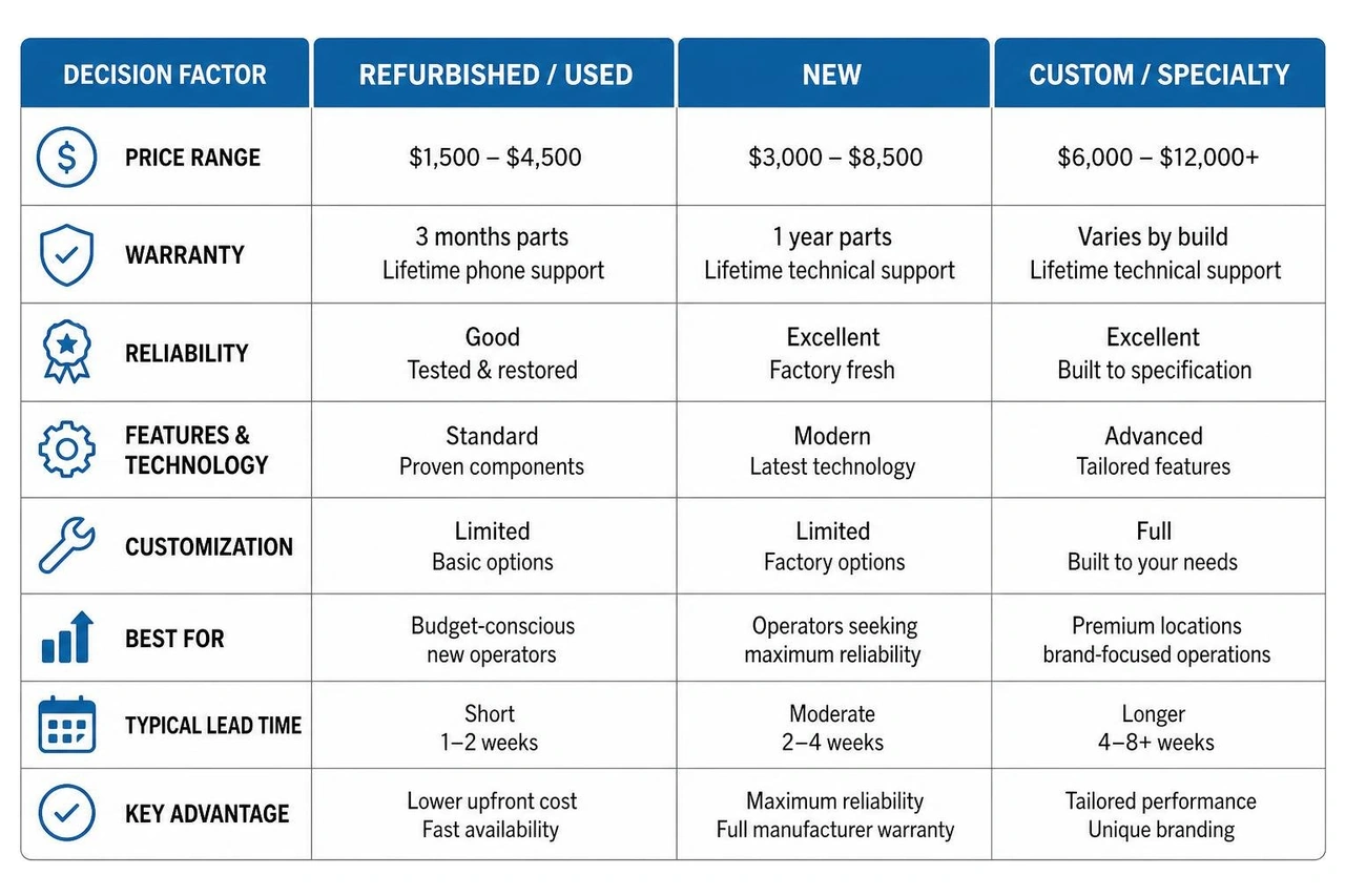 Decision matrix comparing new, refurbished, and custom wholesale vending equipment Decision matrix comparing new, refurbished, and custom wholesale vending equipment
