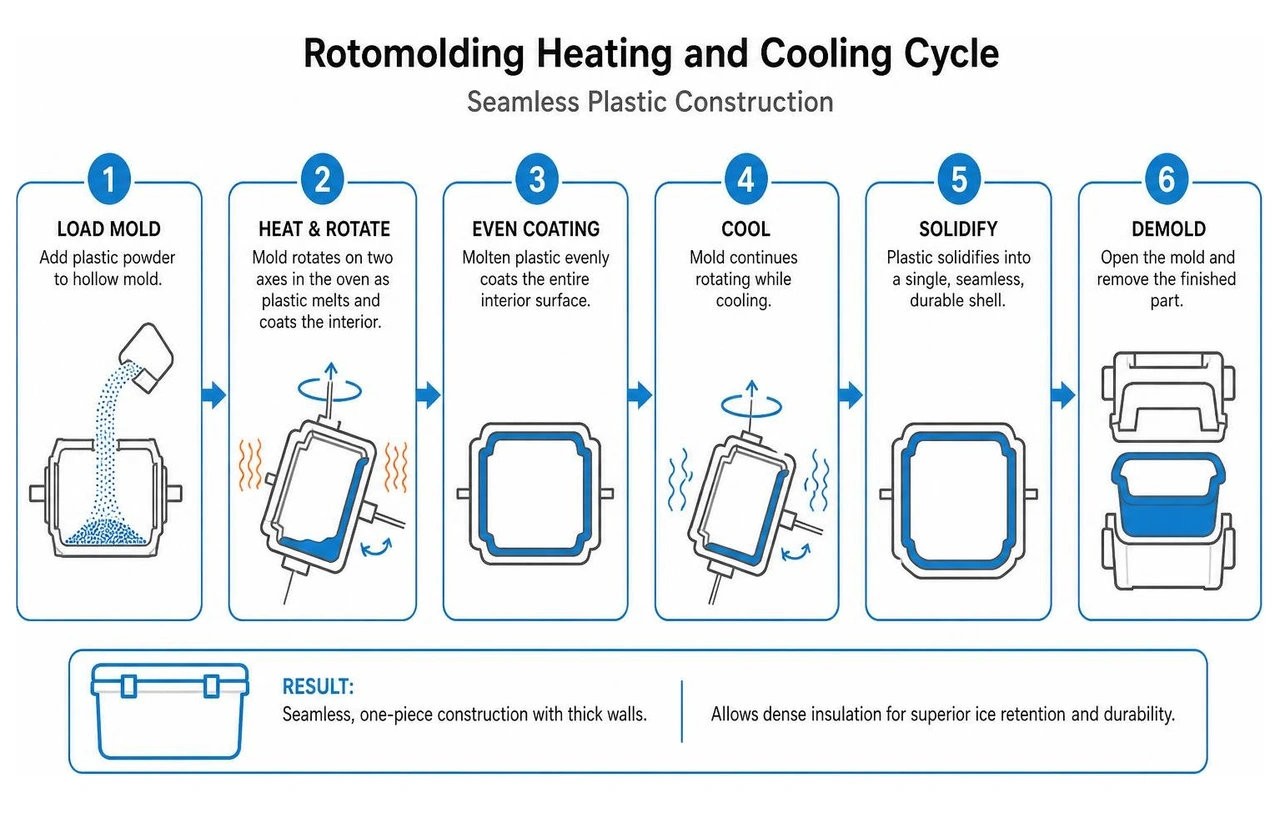 Diagram illustrating the rotomolding heating and cooling cycle for seamless plastic construction