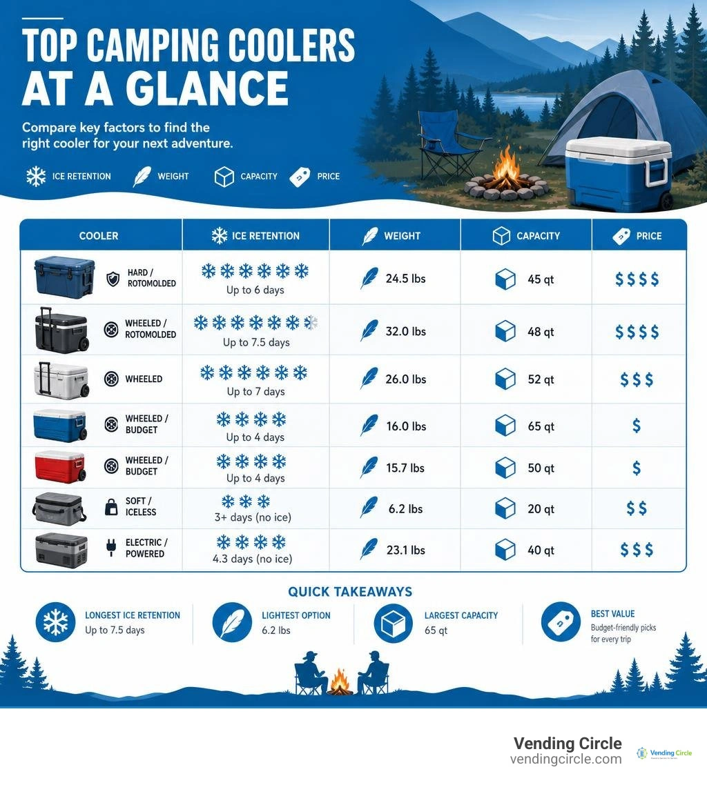Infographic comparing top camping coolers by ice retention, weight, capacity, and price infographic