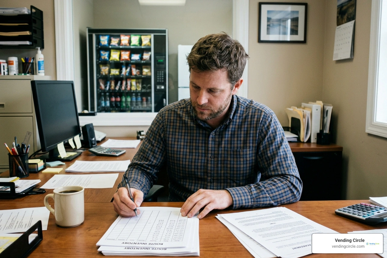 buyer reviewing legal paperwork and route inventory sheets