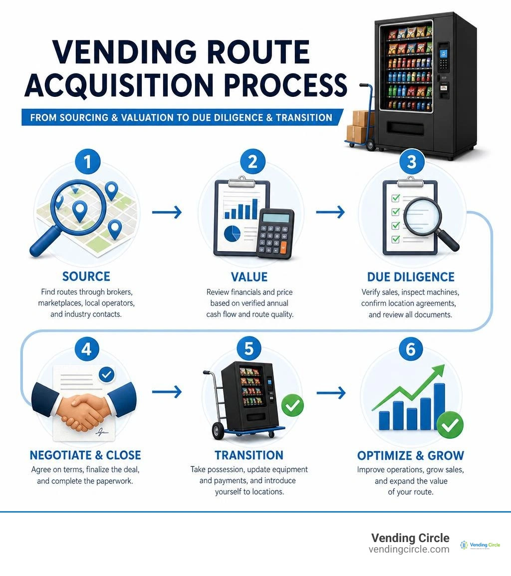 Vending route acquisition process from sourcing and valuation to due diligence and transition infographic