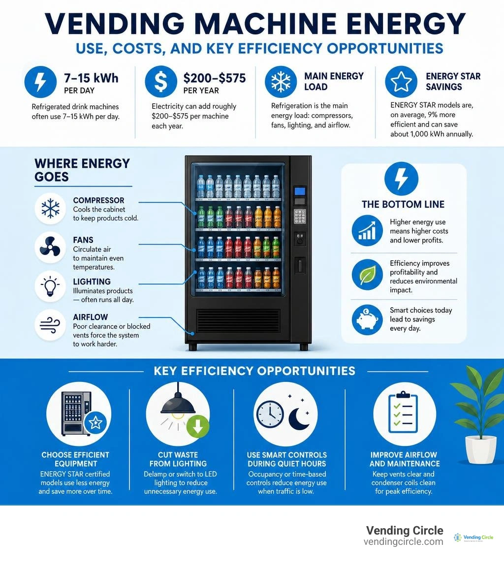Vending machine energy use, costs, and key efficiency opportunities infographic