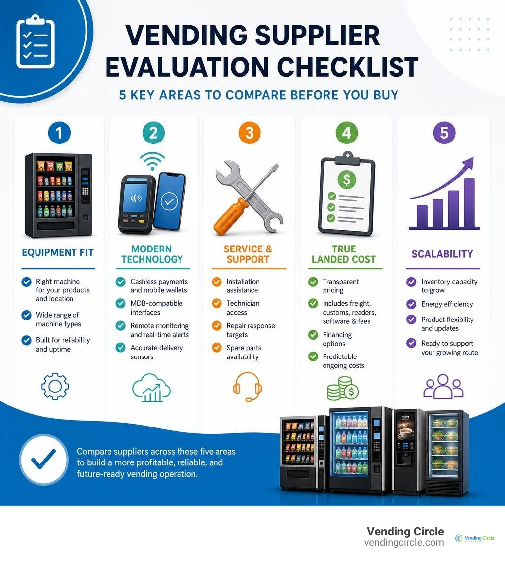 Vending supplier evaluation checklist for equipment, technology, costs, support, and scaling infographic Vending supplier evaluation checklist for equipment, technology, costs, support, and scaling infographic
