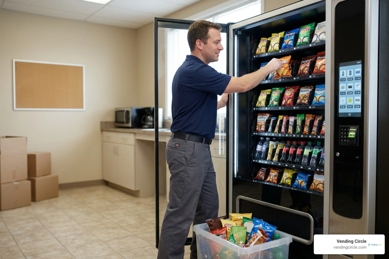 Operator restocking modern combo vending machine with inventory