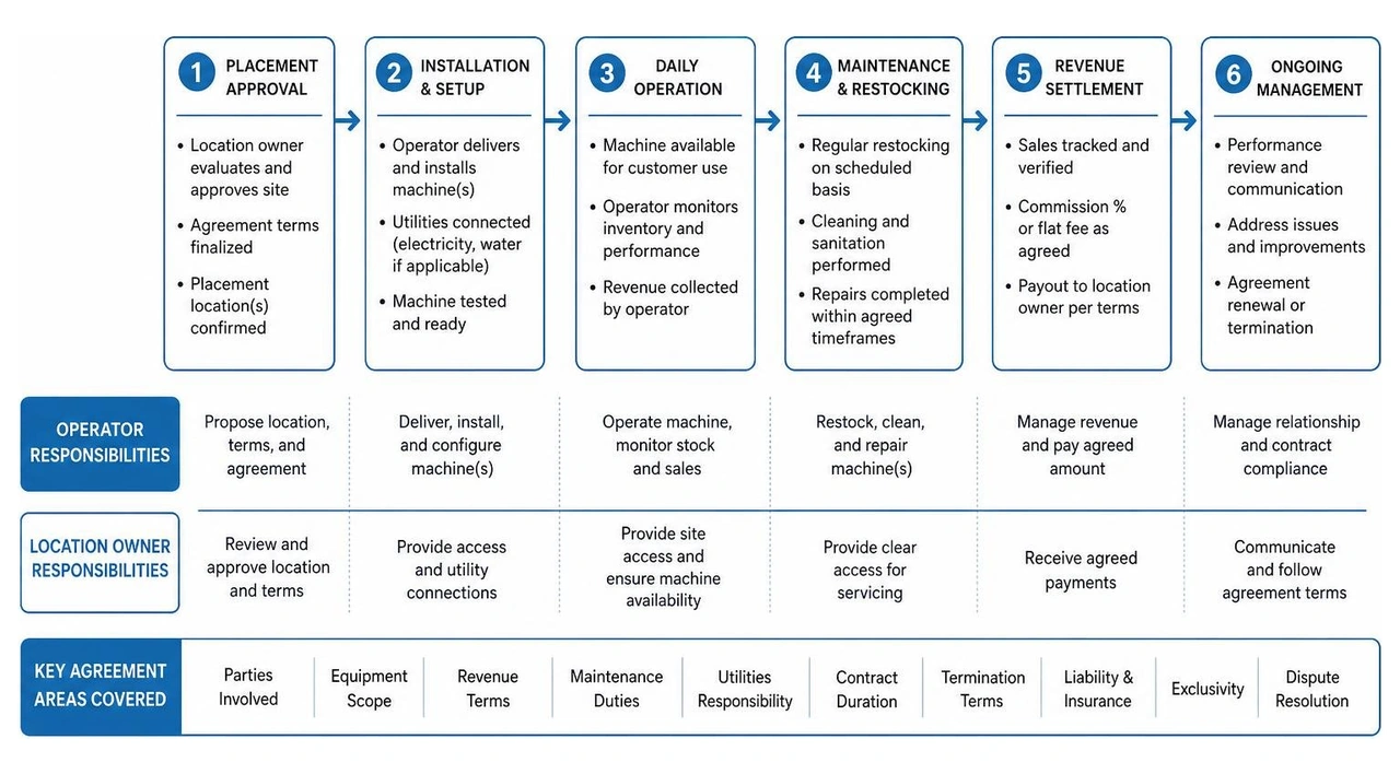 Vending machine operational workflow and responsibilities Vending machine operational workflow and responsibilities