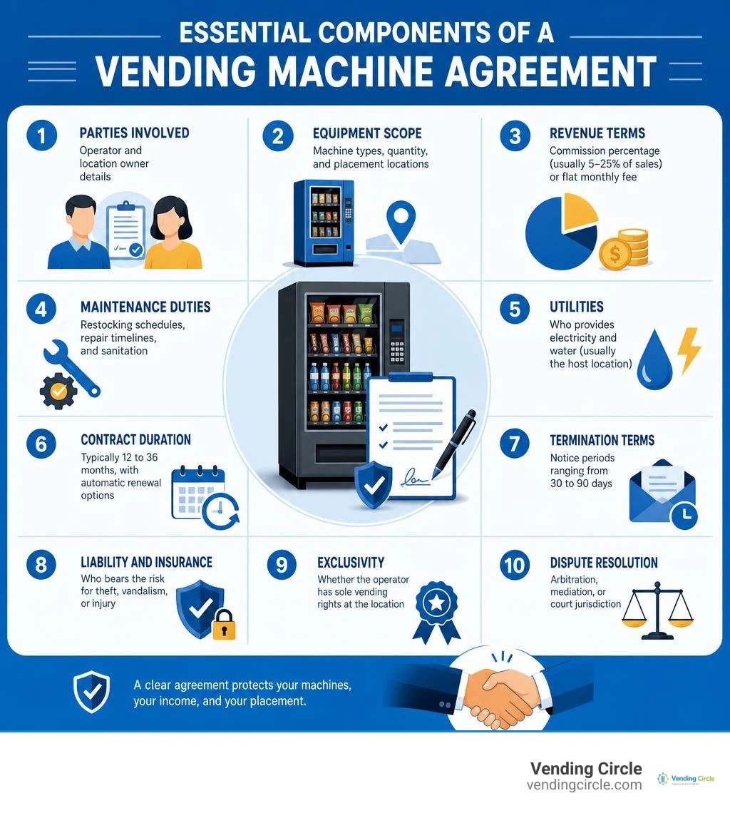 Essential components of a vending machine agreement infographic infographic Essential components of a vending machine agreement infographic infographic