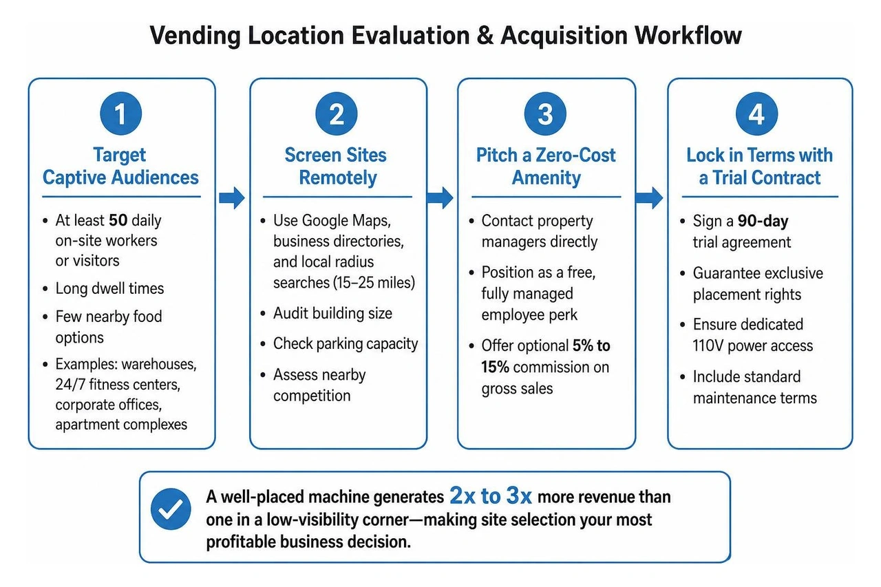 vending location evaluation and acquisition workflow