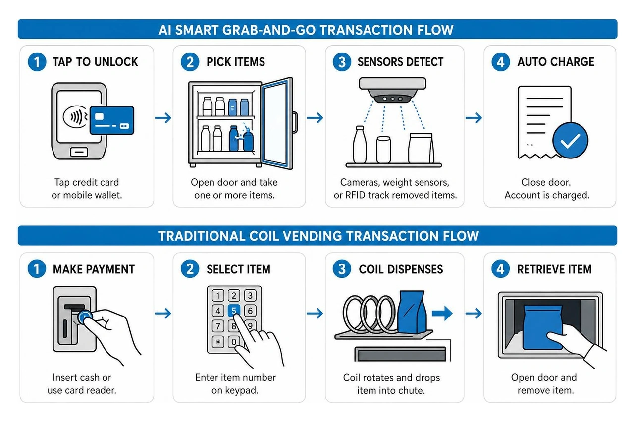 smart AI grab-and-go transaction flow versus traditional coil vending smart AI grab-and-go transaction flow versus traditional coil vending