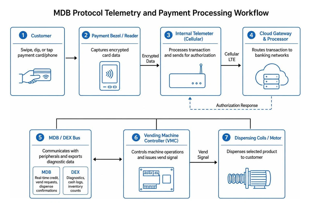 Diagram of MDB protocol telemetry and payment processing workflow