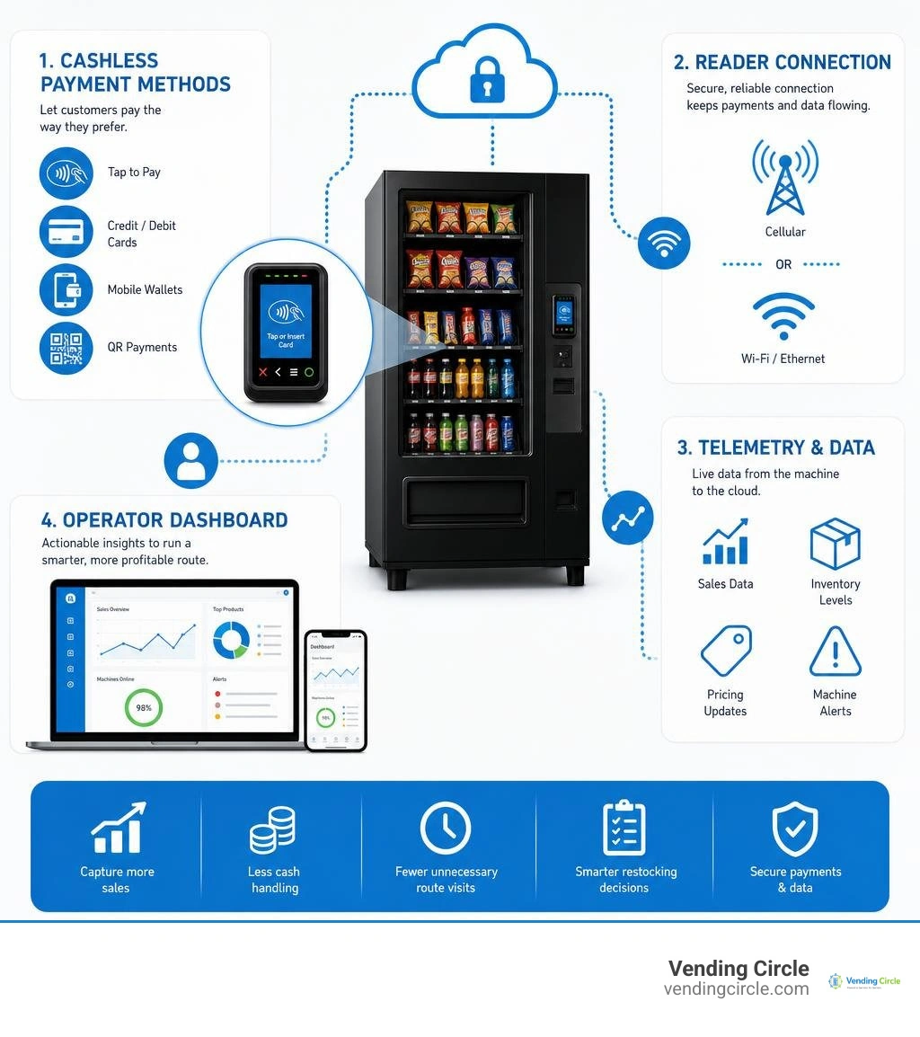 Cashless vending payment methods, reader connection, telemetry, and operator dashboard infographic