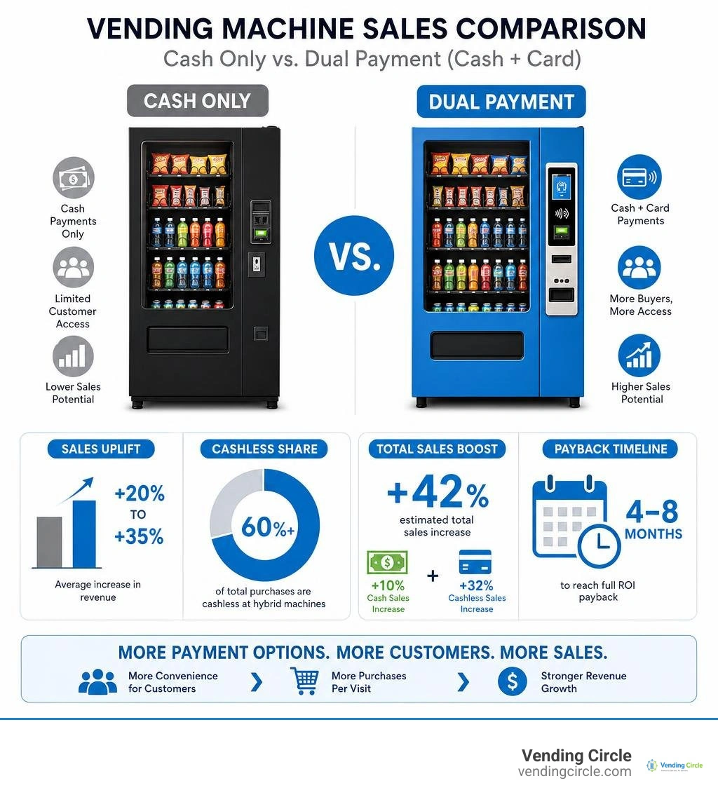 Vending machine sales comparison cash only versus dual payment cash and card infographic