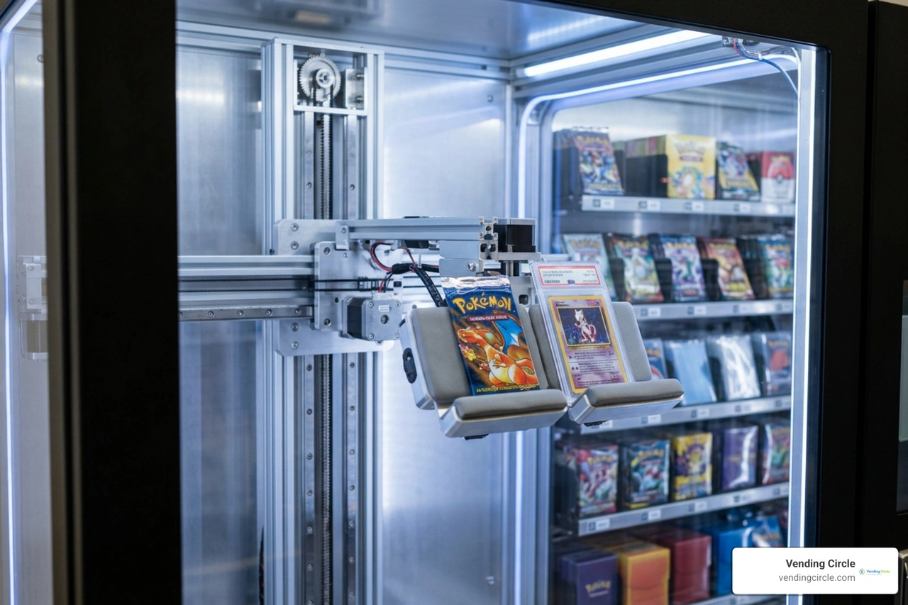 Robotic elevator mechanism inside a modern TCG vending machine