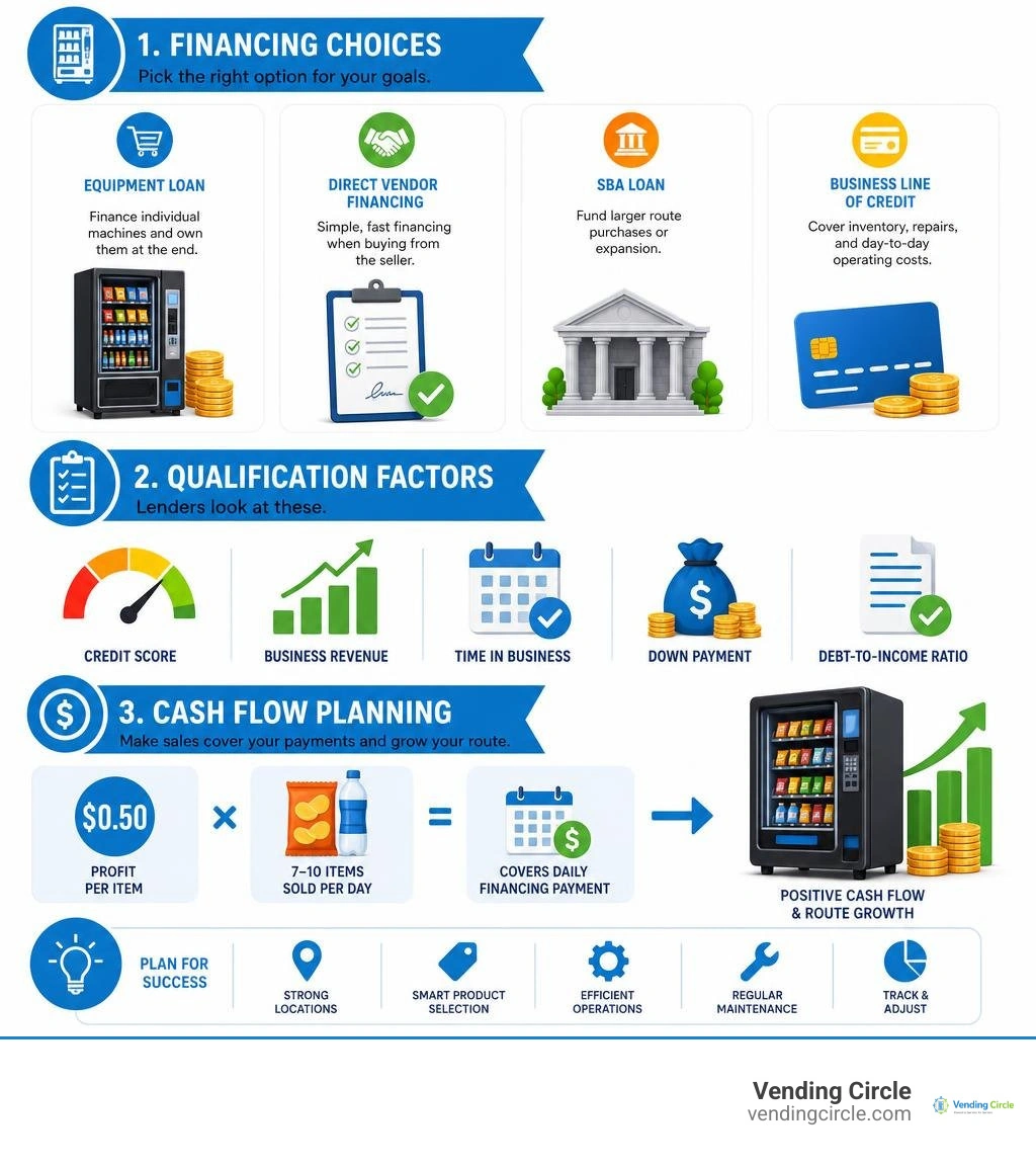 Vending machine financing choices, qualification factors, and cash flow planning infographic Vending machine financing choices, qualification factors, and cash flow planning infographic