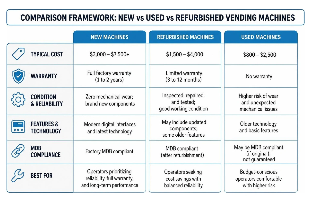Comparison framework for new vs used vs refurbished vending machines