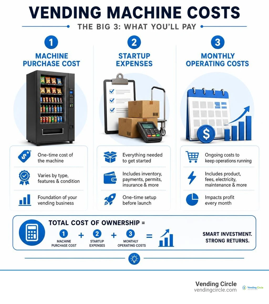 Infographic comparing machine purchase cost, startup expenses, and monthly operating costs infographic