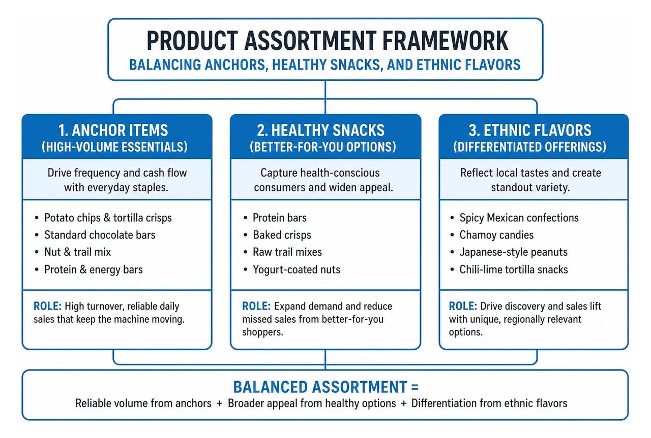 Product assortment framework balancing anchors, healthy snacks, and ethnic flavors