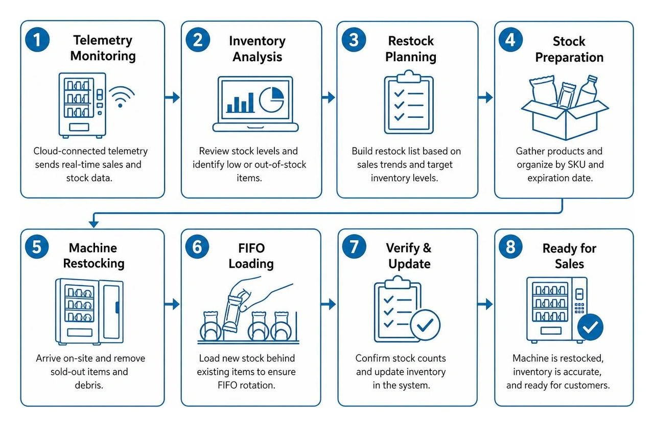 Inventory restocking workflow from telemetry monitoring to FIFO shelf loading