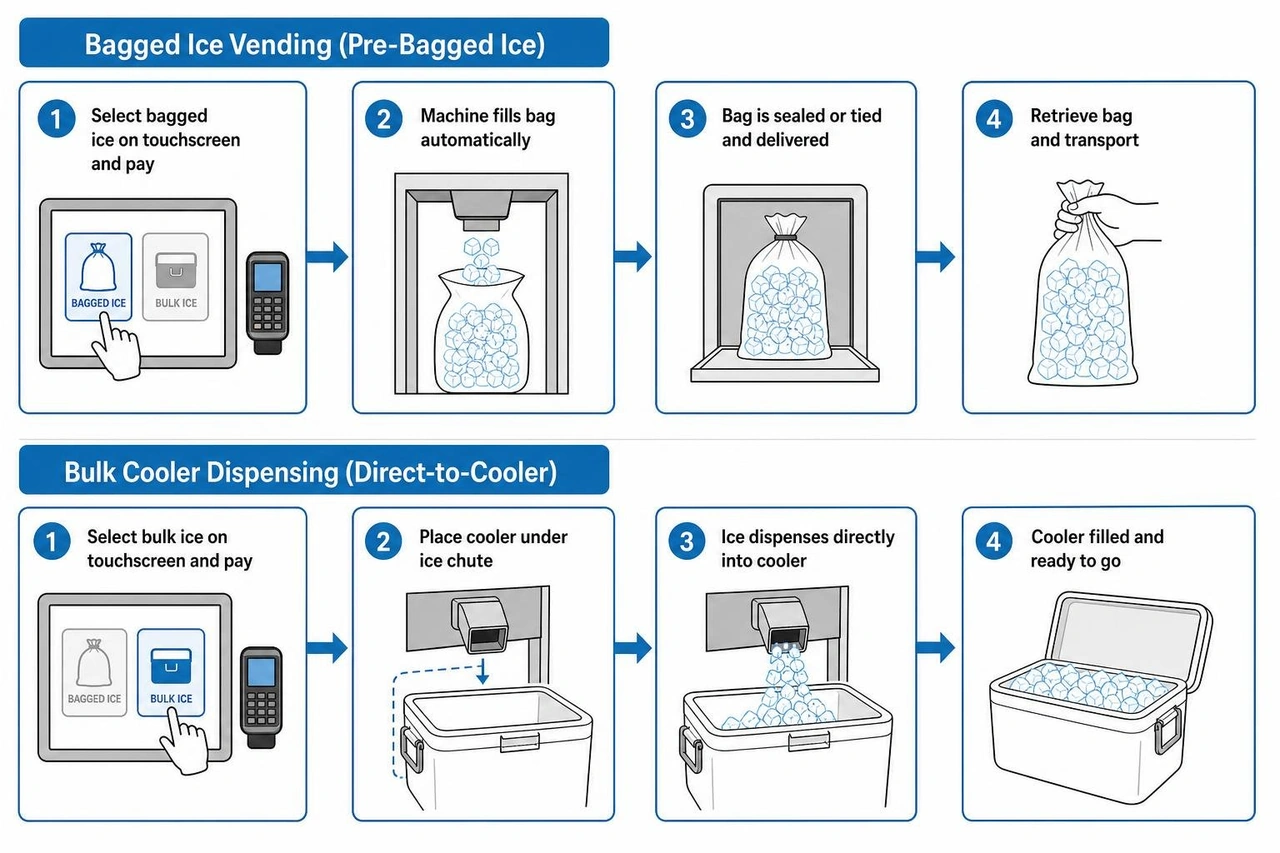 Comparison between bagged ice vending and bulk cooler dispensing Comparison between bagged ice vending and bulk cooler dispensing
