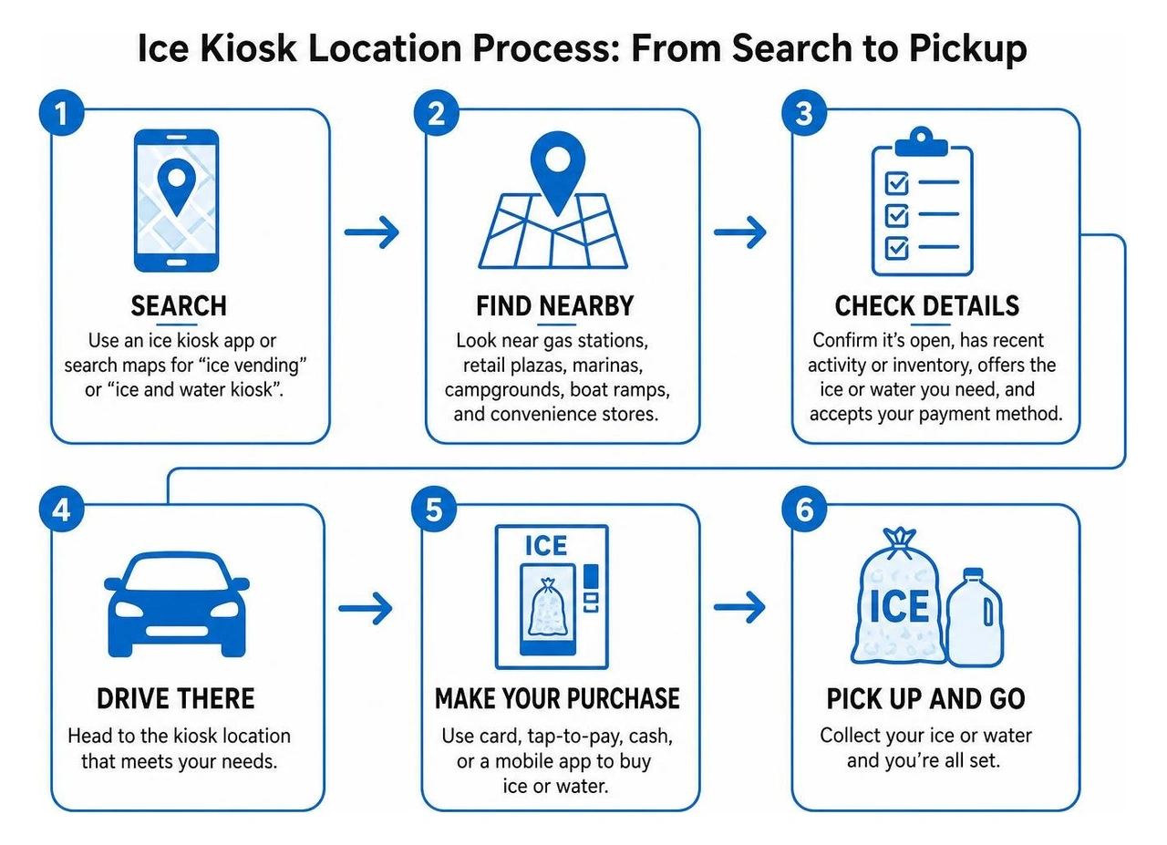 Ice kiosk location process flow from search to pickup Ice kiosk location process flow from search to pickup