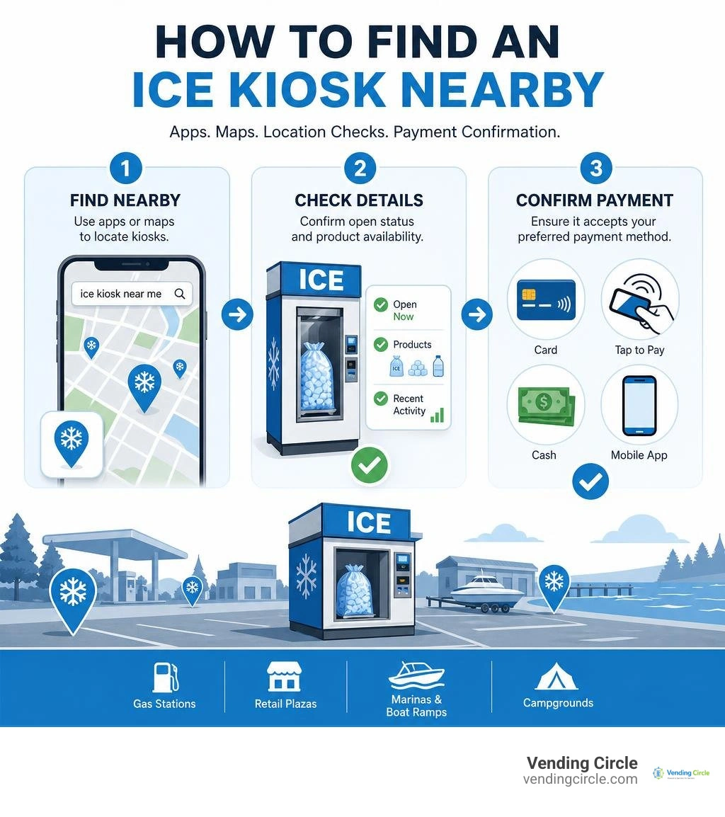 How to find an ice kiosk nearby with apps maps location checks and payment confirmation infographic How to find an ice kiosk nearby with apps maps location checks and payment confirmation infographic