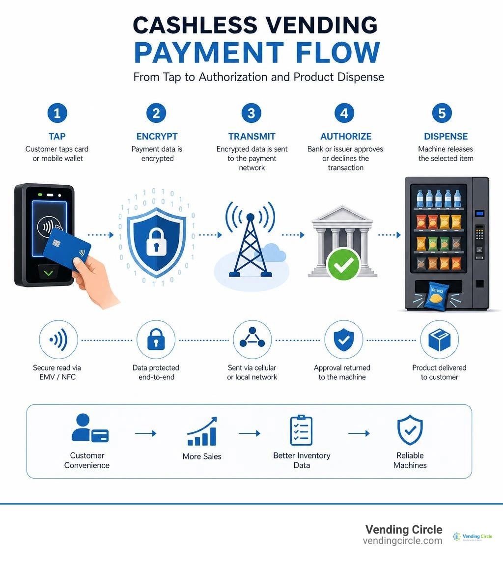 Cashless vending payment flow from tap to authorization and product dispense infographic Cashless vending payment flow from tap to authorization and product dispense infographic