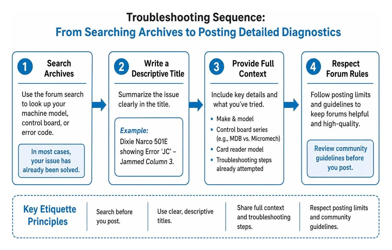 Diagram showing the troubleshooting sequence from searching archives to posting detailed diagnostics Diagram showing the troubleshooting sequence from searching archives to posting detailed diagnostics