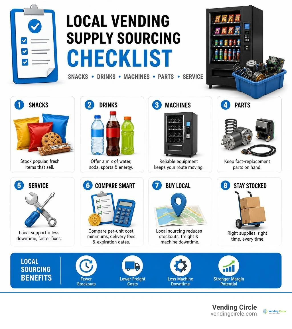 Local vending supply sourcing checklist for snacks drinks machines parts and service infographic Local vending supply sourcing checklist for snacks drinks machines parts and service infographic