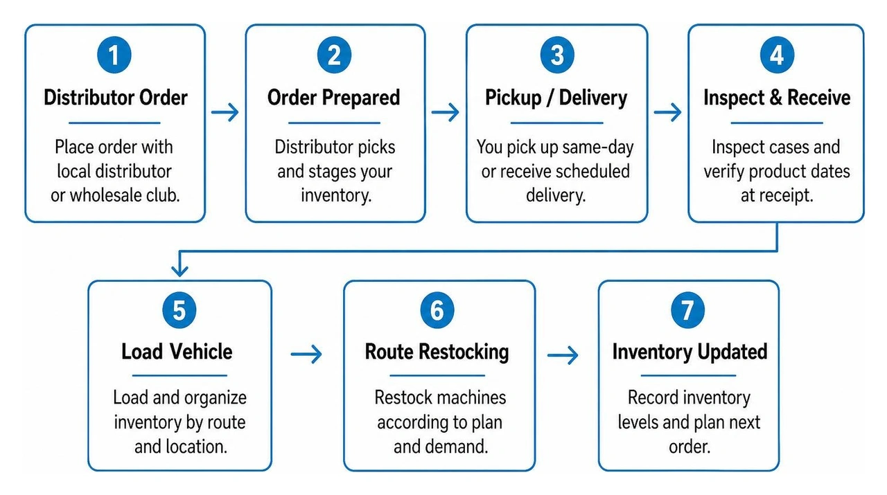 Local procurement workflow from distributor order to route restocking Local procurement workflow from distributor order to route restocking