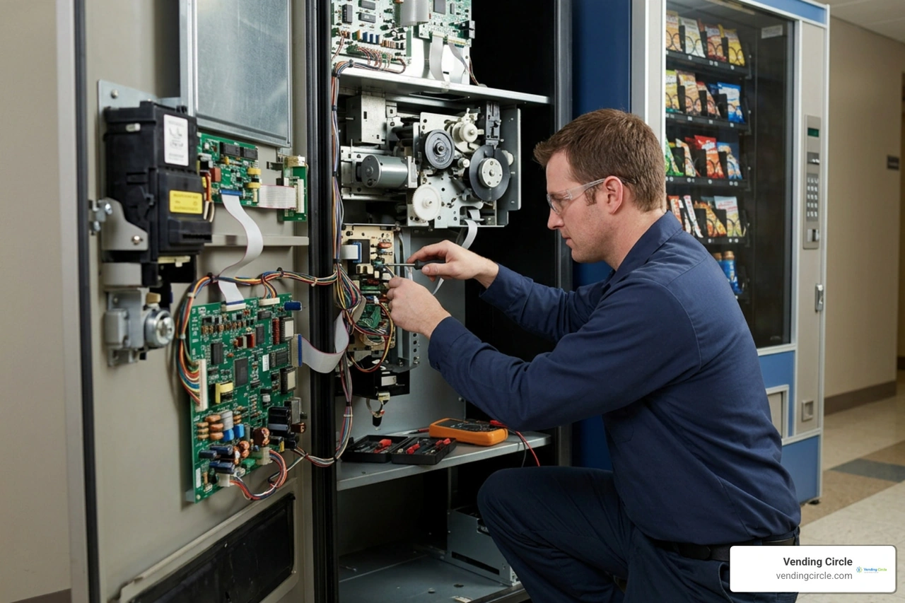 Technician repairing bill validator and internal coin mechanisms Technician repairing bill validator and internal coin mechanisms