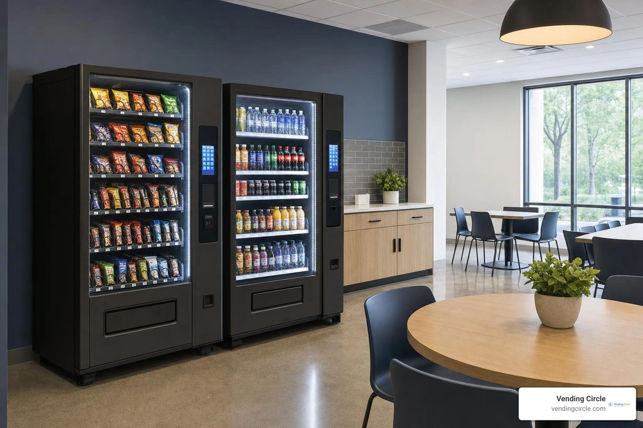 Modern combo vending machines in commercial breakrooms Modern combo vending machines in commercial breakrooms