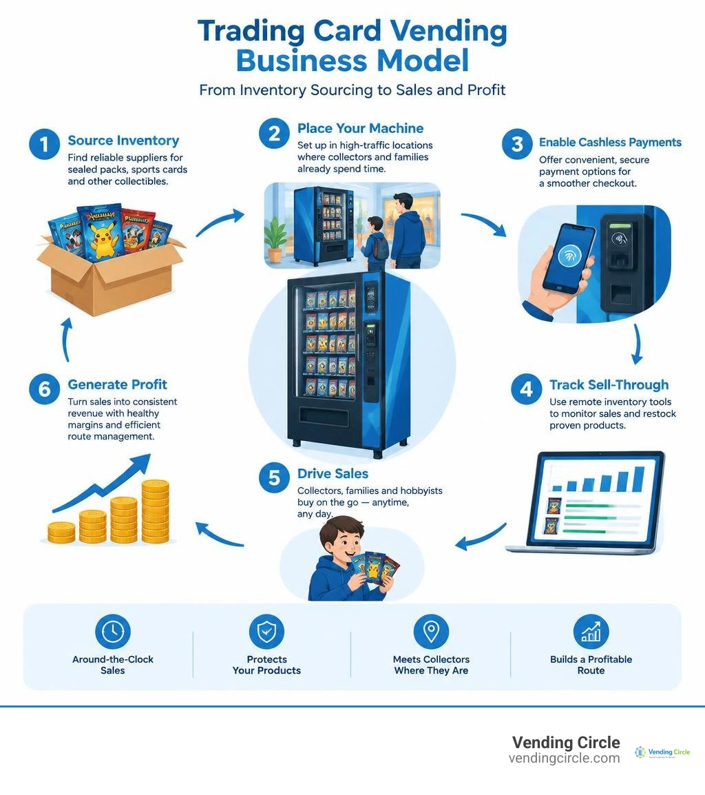 Trading card vending business model from inventory sourcing to sales and profit infographic