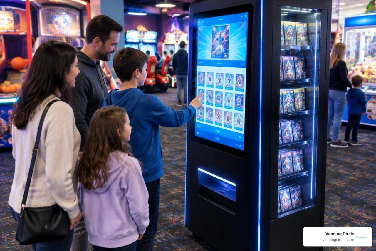 A trading card vending machine placed inside a bustling family entertainment center