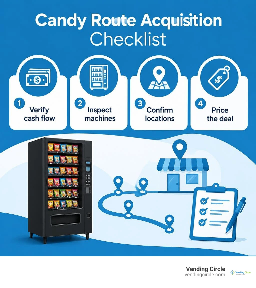 Candy route acquisition checklist: verify cash flow, inspect machines, confirm locations, price the deal infographic
