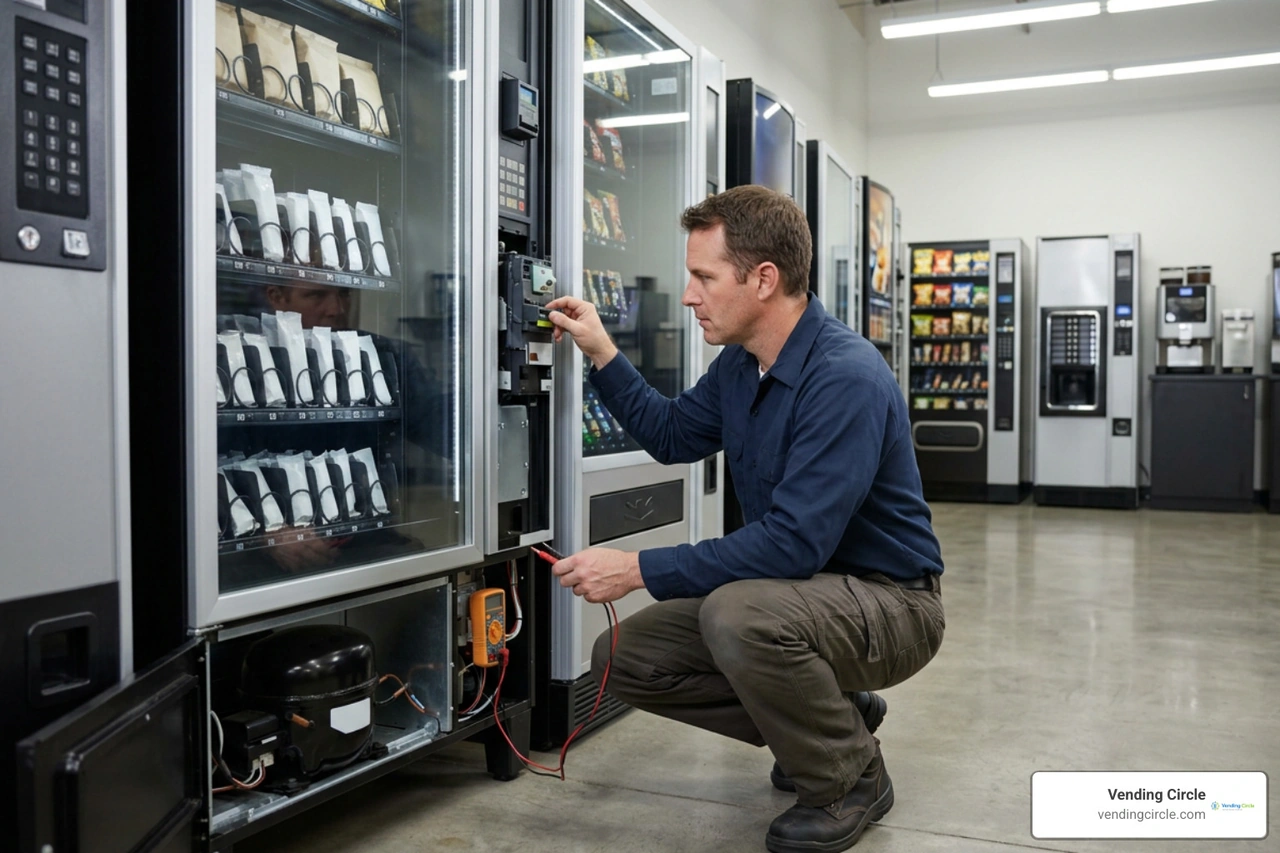 operator inspecting bill validators and refrigeration units at a local equipment showroom operator inspecting bill validators and refrigeration units at a local equipment showroom