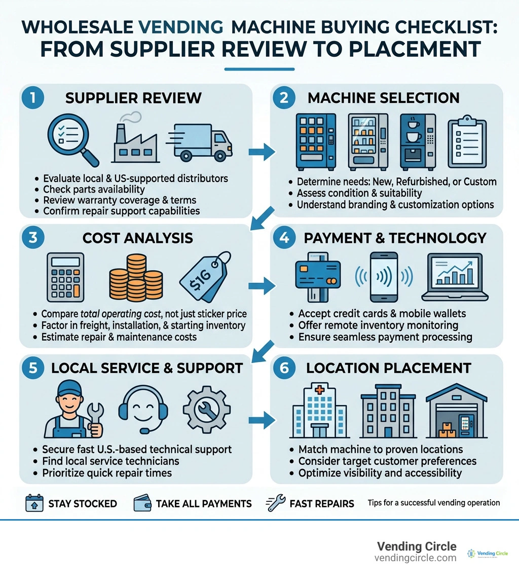 Wholesale vending machine buying checklist from supplier review to placement infographic Wholesale vending machine buying checklist from supplier review to placement infographic