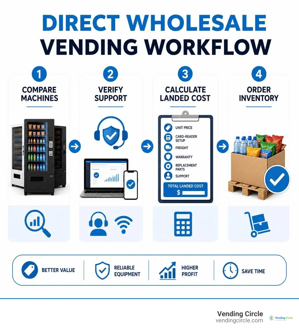 Direct wholesale vending workflow: compare machines, verify support, calculate landed cost, order inventory infographic Direct wholesale vending workflow: compare machines, verify support, calculate landed cost, order inventory infographic