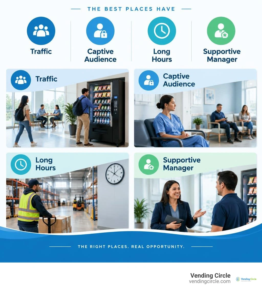 Infographic showing traffic, captive audience, long hours, and supportive manager infographic Infographic showing traffic, captive audience, long hours, and supportive manager infographic