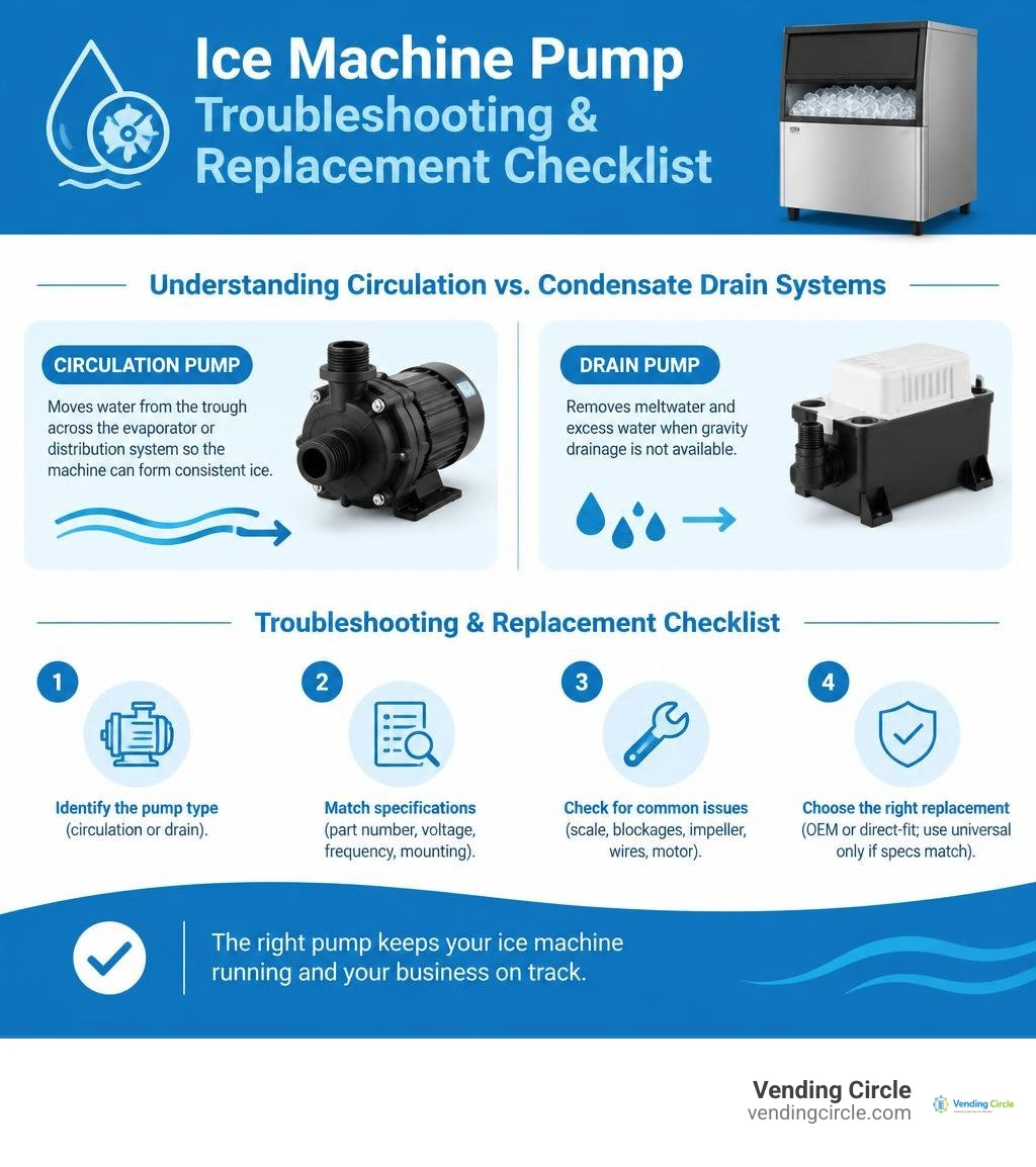 Ice machine pump troubleshooting and replacement checklist infographic Ice machine pump troubleshooting and replacement checklist infographic