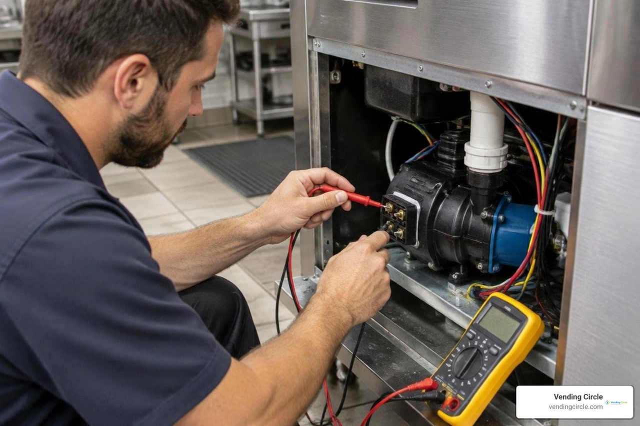 Technician using a digital multimeter to test ice machine pump terminals Technician using a digital multimeter to test ice machine pump terminals