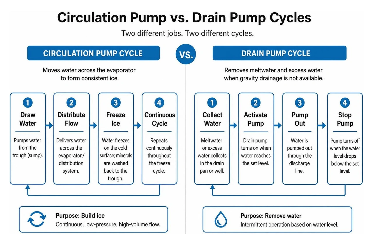 Comparison between circulation pump and drain pump cycles Comparison between circulation pump and drain pump cycles