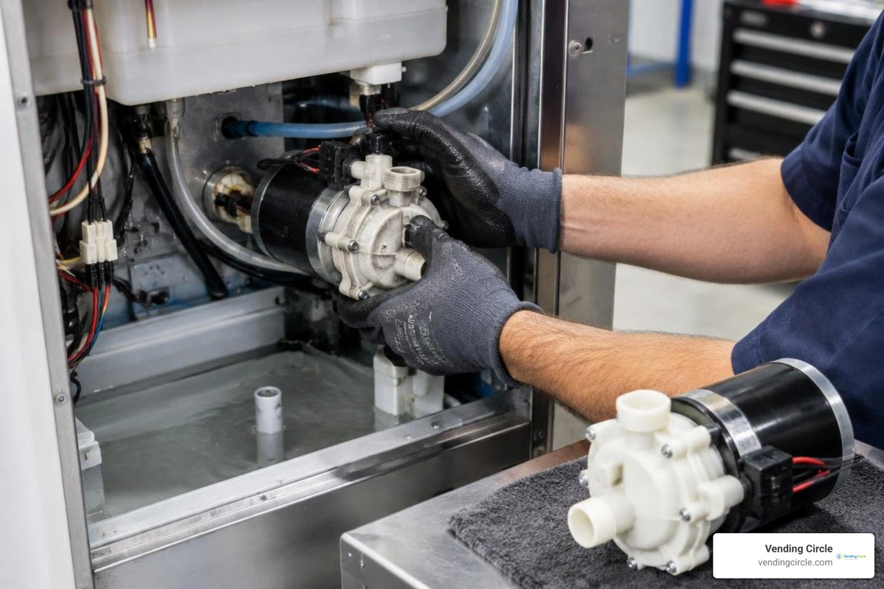 Step-by-step pump replacement process inside an ice machine water compartment Step-by-step pump replacement process inside an ice machine water compartment