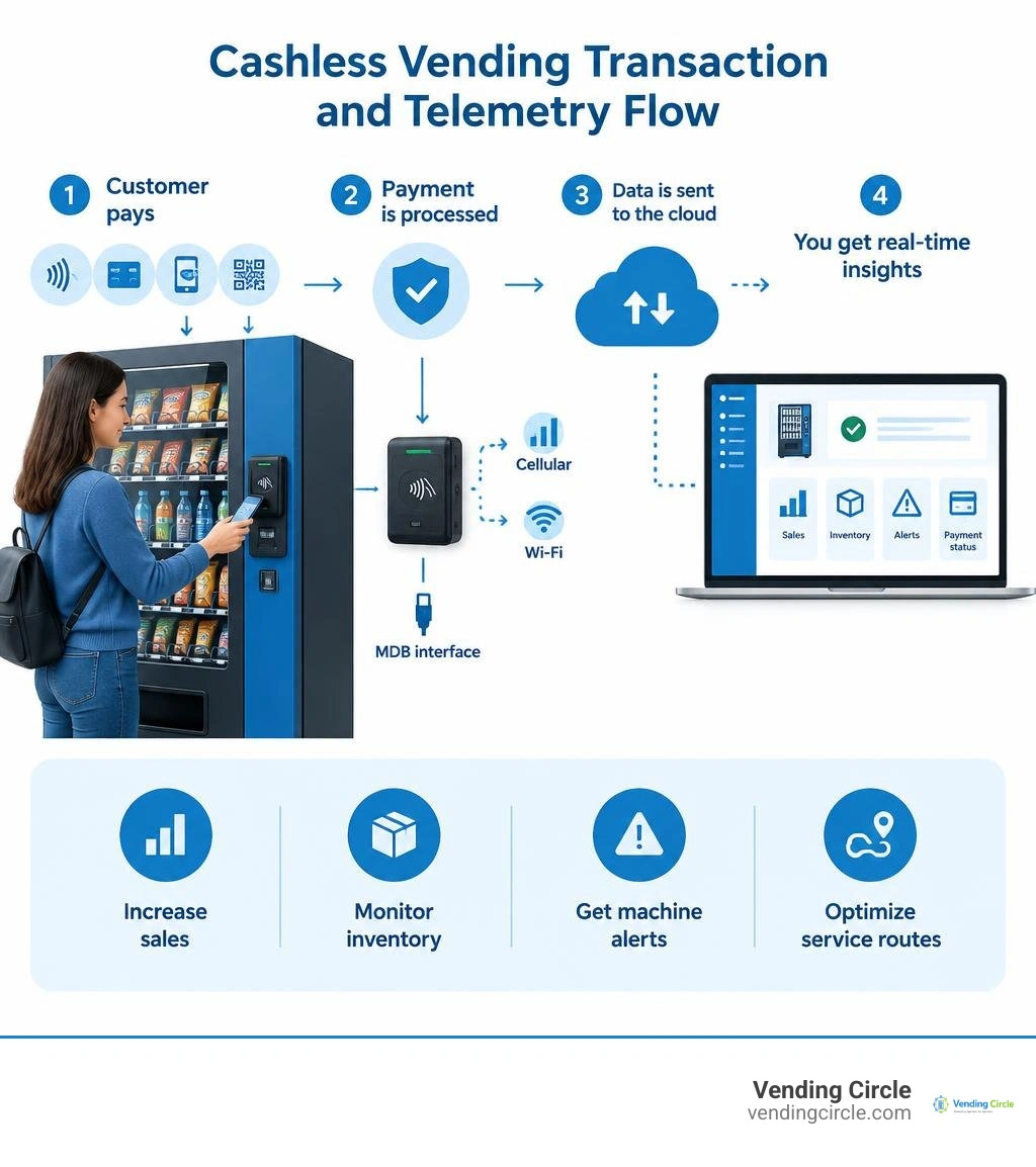 Cashless vending transaction and telemetry flow infographic Cashless vending transaction and telemetry flow infographic