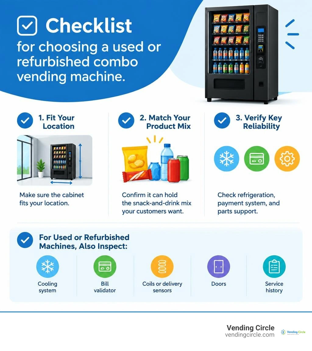 Checklist for choosing a used or refurbished combo vending machine infographic Checklist for choosing a used or refurbished combo vending machine infographic