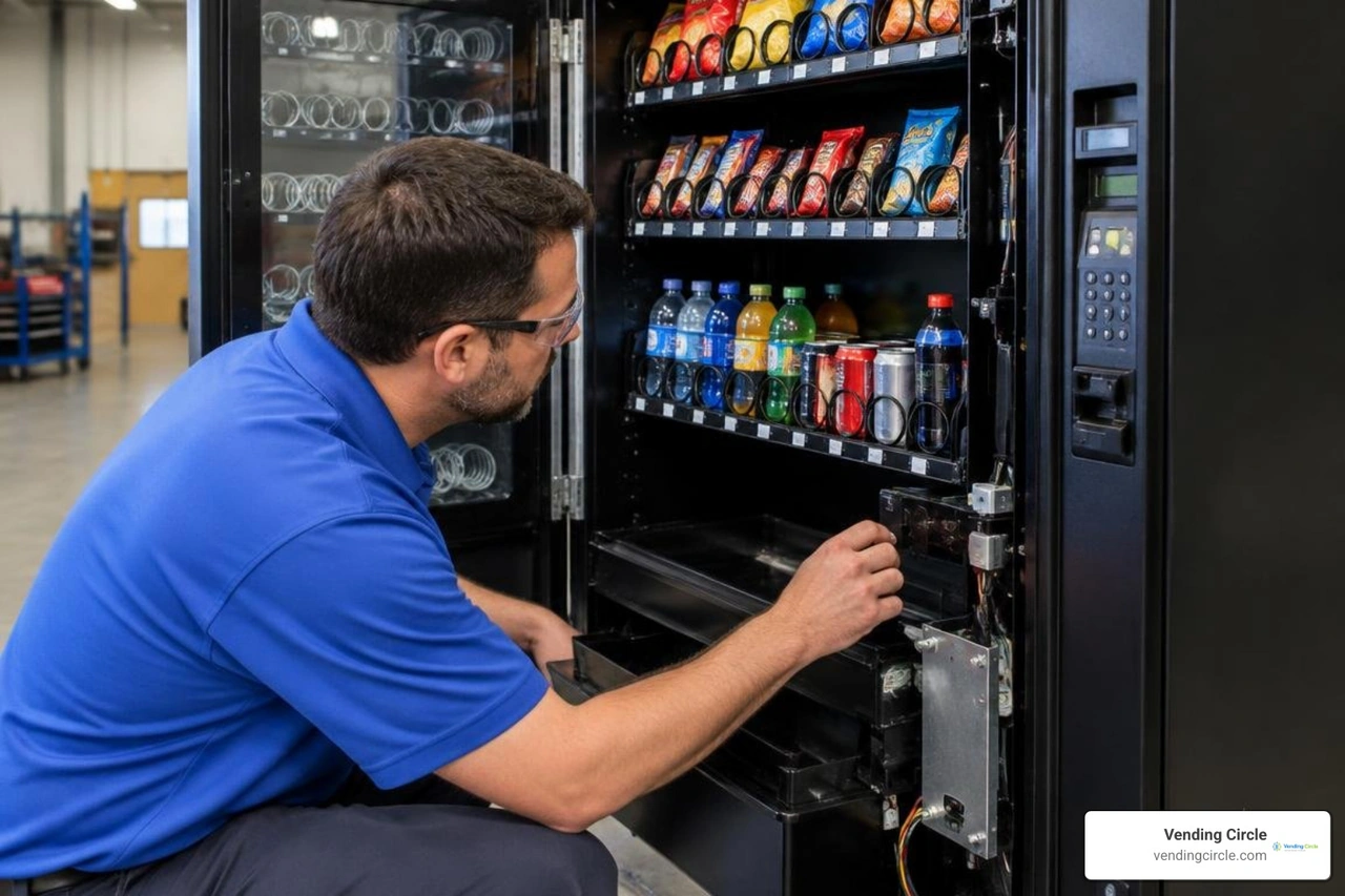 operator inspecting internal trays and drop sensors in a combo vending machine operator inspecting internal trays and drop sensors in a combo vending machine
