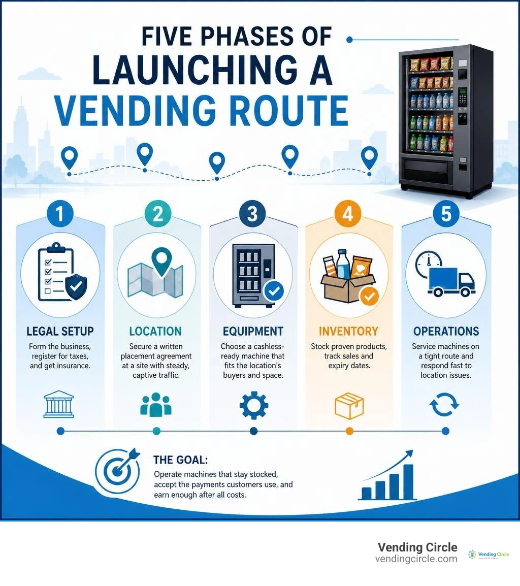 Five phases of launching a vending route: legal setup, location, equipment, inventory, operations infographic Five phases of launching a vending route: legal setup, location, equipment, inventory, operations infographic