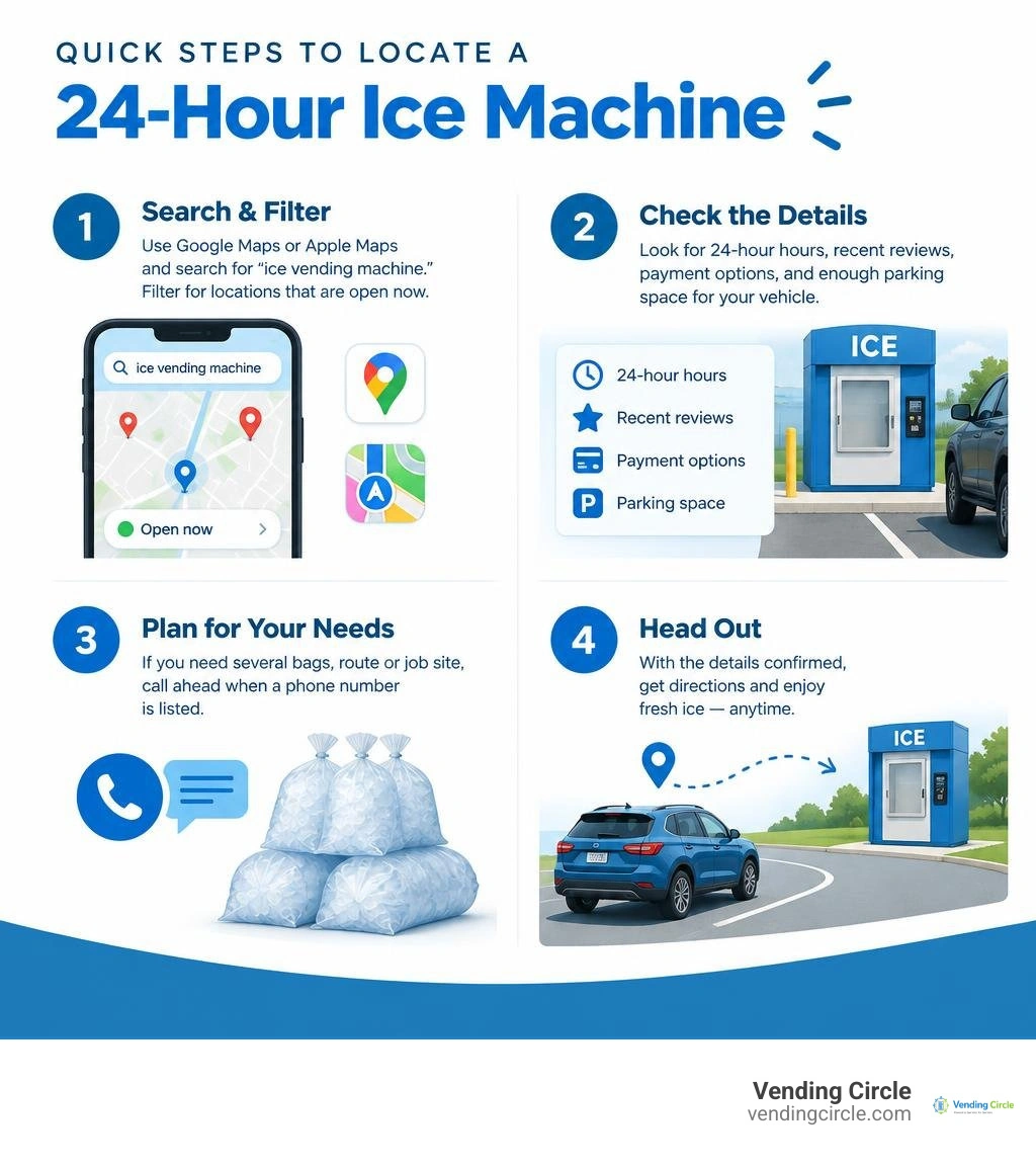 Quick steps to locate a 24-hour ice machine infographic Quick steps to locate a 24-hour ice machine infographic