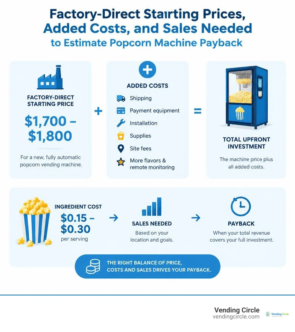 Factory-direct starting prices, added costs, and sales needed to estimate popcorn machine payback infographic Factory-direct starting prices, added costs, and sales needed to estimate popcorn machine payback infographic