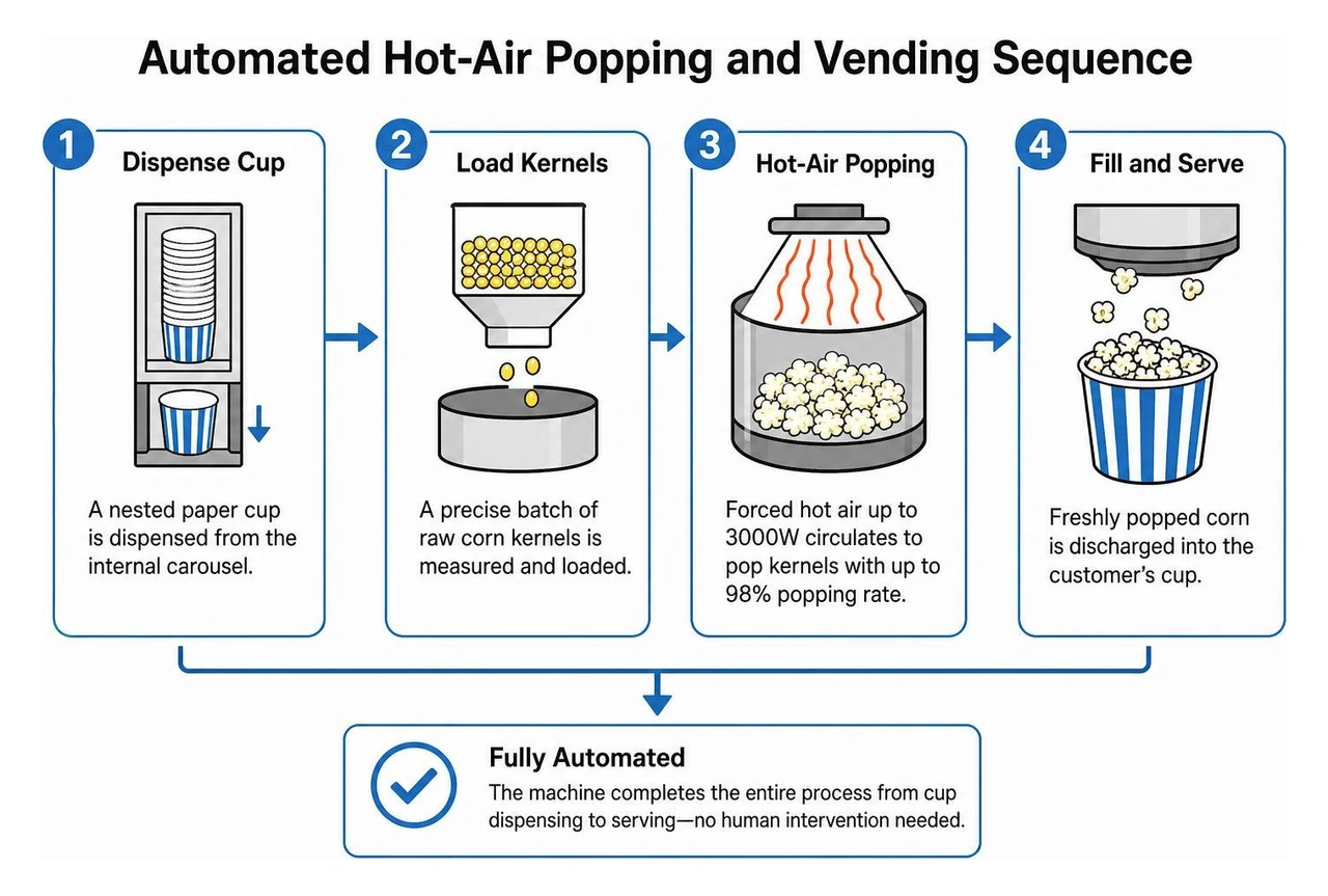 step-by-step automated hot-air popping and vending sequence step-by-step automated hot-air popping and vending sequence